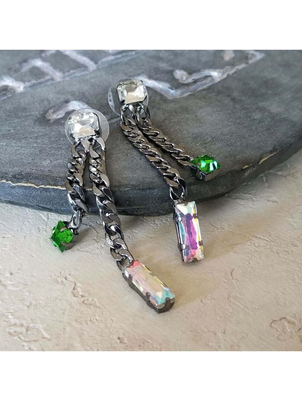 Edgy Gunmetal Chain Faceted Clear AB Green Crystals Dangle Earrings